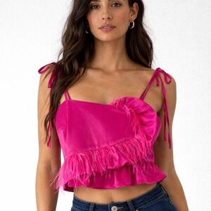 Moodie Liquid Pink Satin Crip Top Small Ruffle Hem Feather Trim